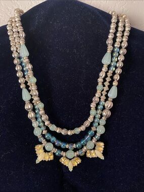 Multi-Strand Blue and Yellow Beaded Statement Necklace